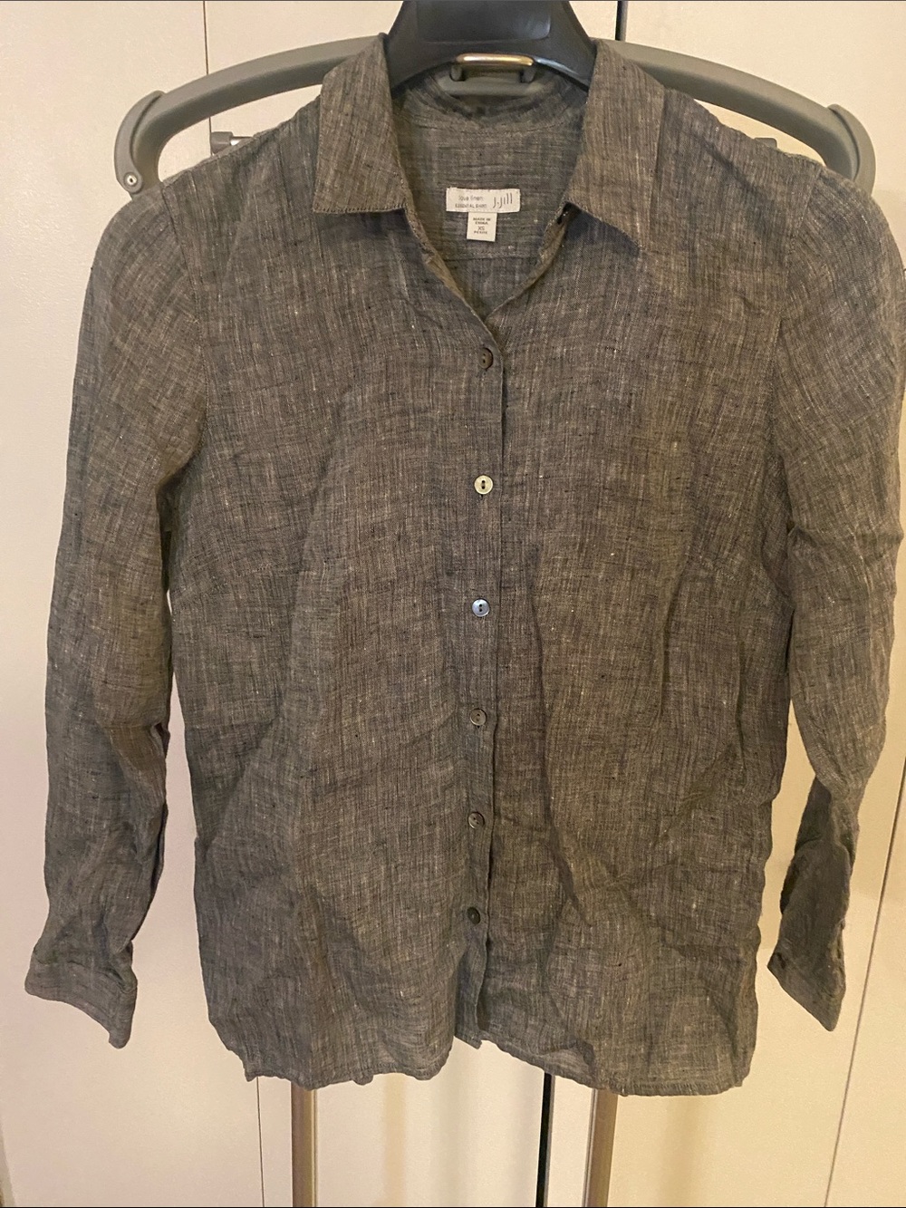 J Jill Linen Button-Down Shirt - Black and White Melange XS